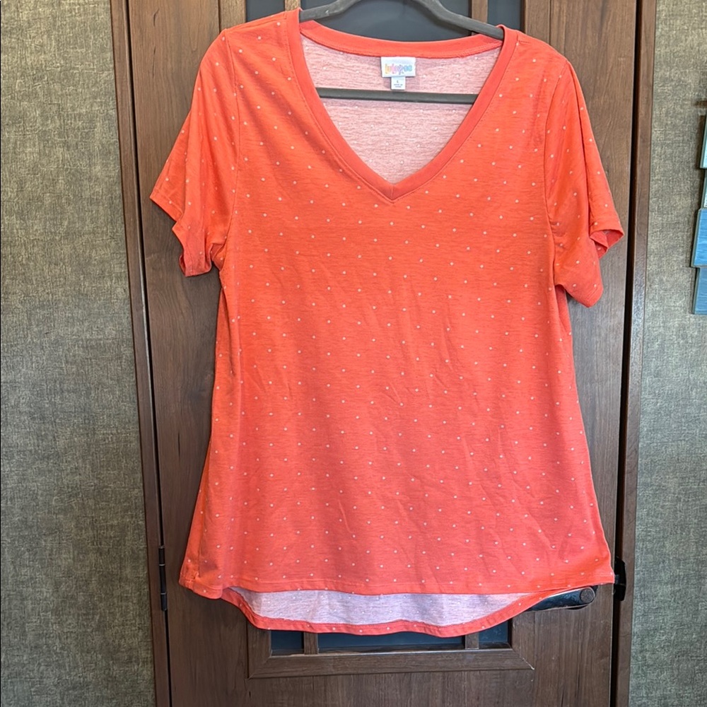 LuLaRoe Coraly-Orange Top With White Polka Dots EUC